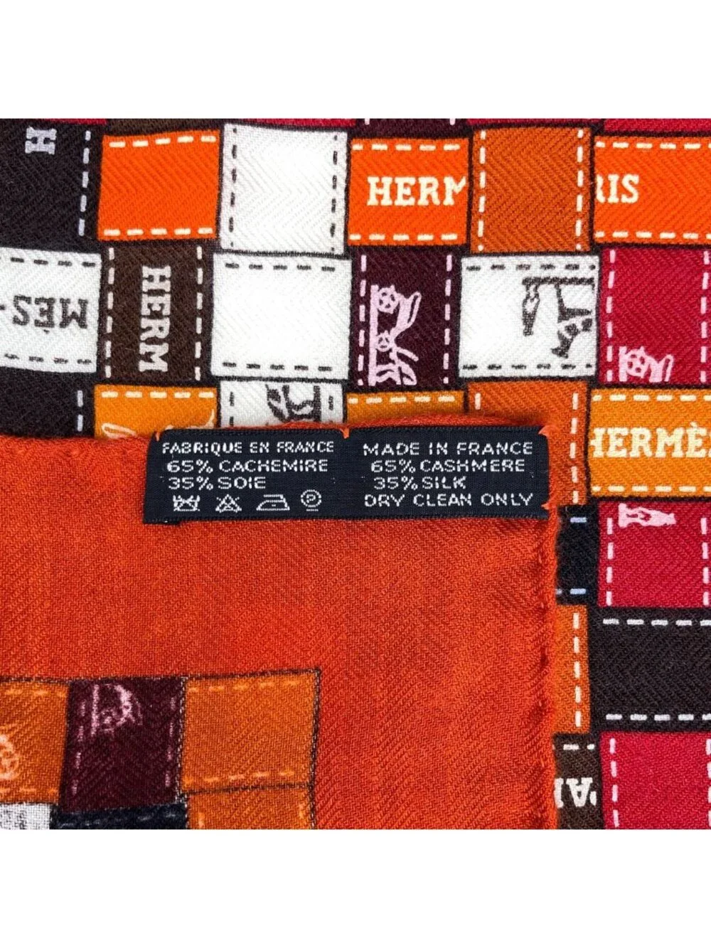 Hermes Carre 140 Bolduc AU Check Scarf Cashmere Silk Orange Multicolor